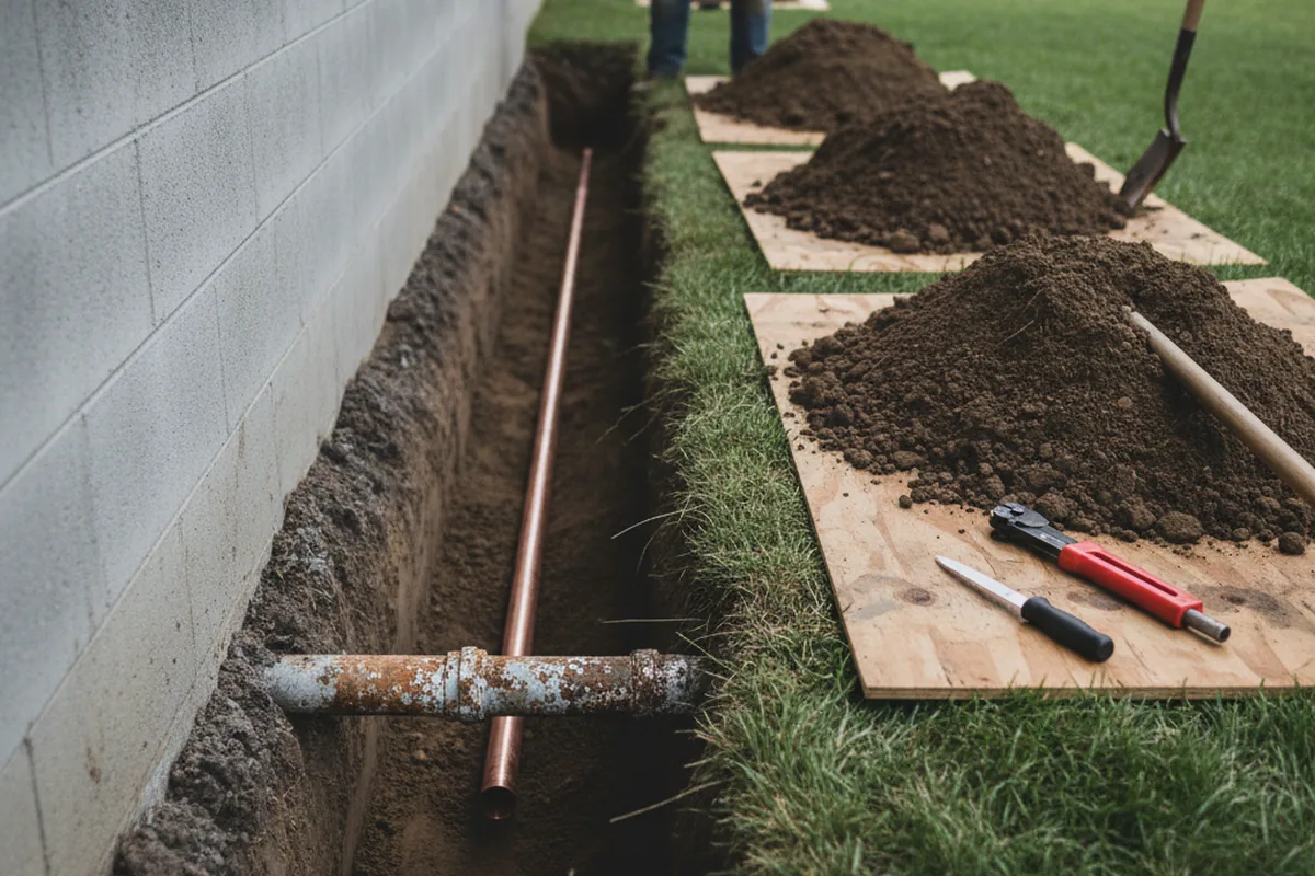 Excavated water line trench during Sewer Line Repair in Parchman